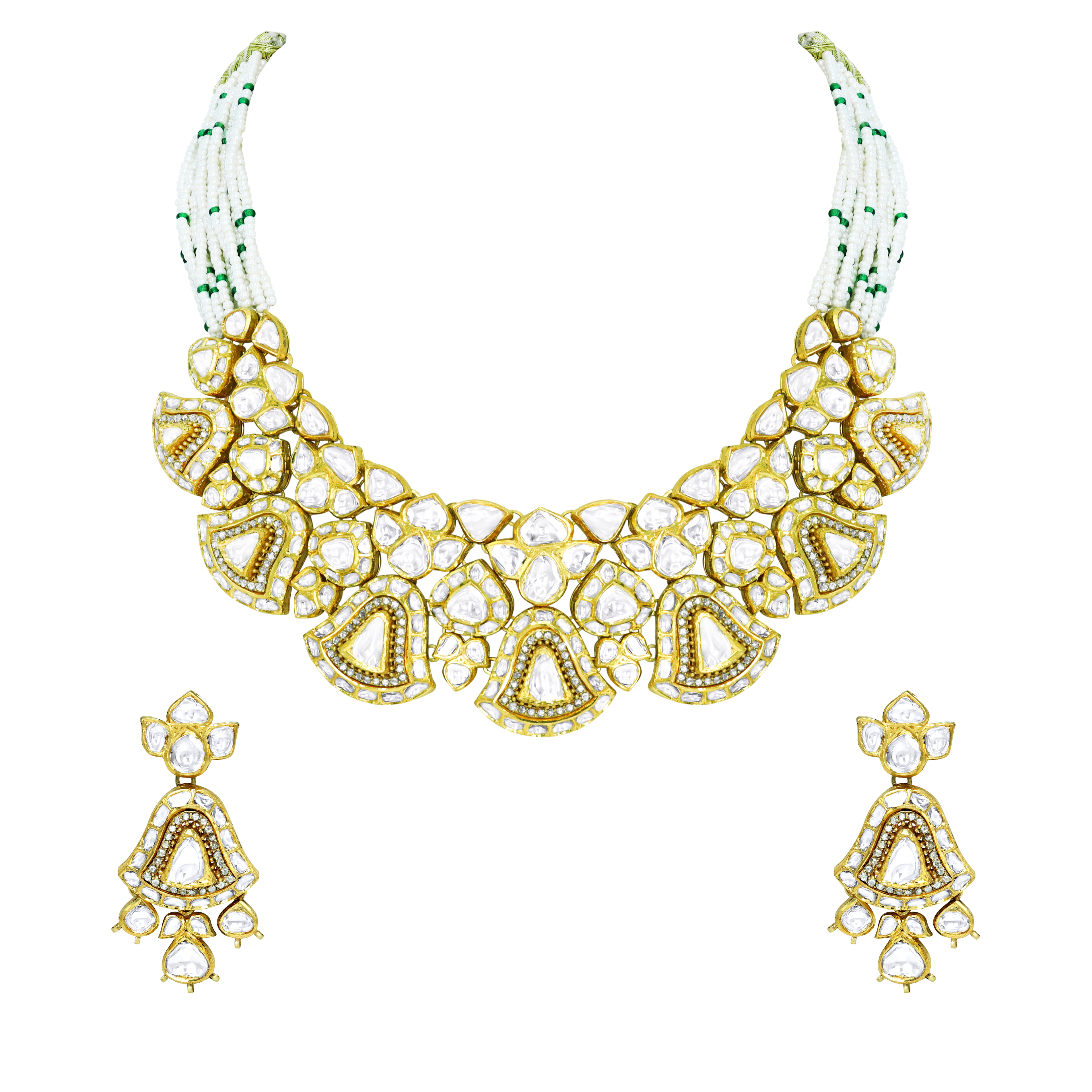 Polki Necklace Set with Fan Motifs and Matching Drops